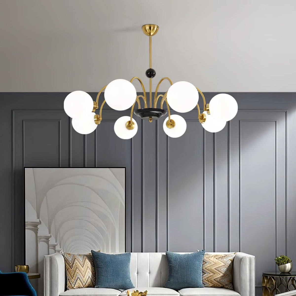 Chandelier Curved Arms Globe Shades Modern Retro Style Dining-Neutral Decor