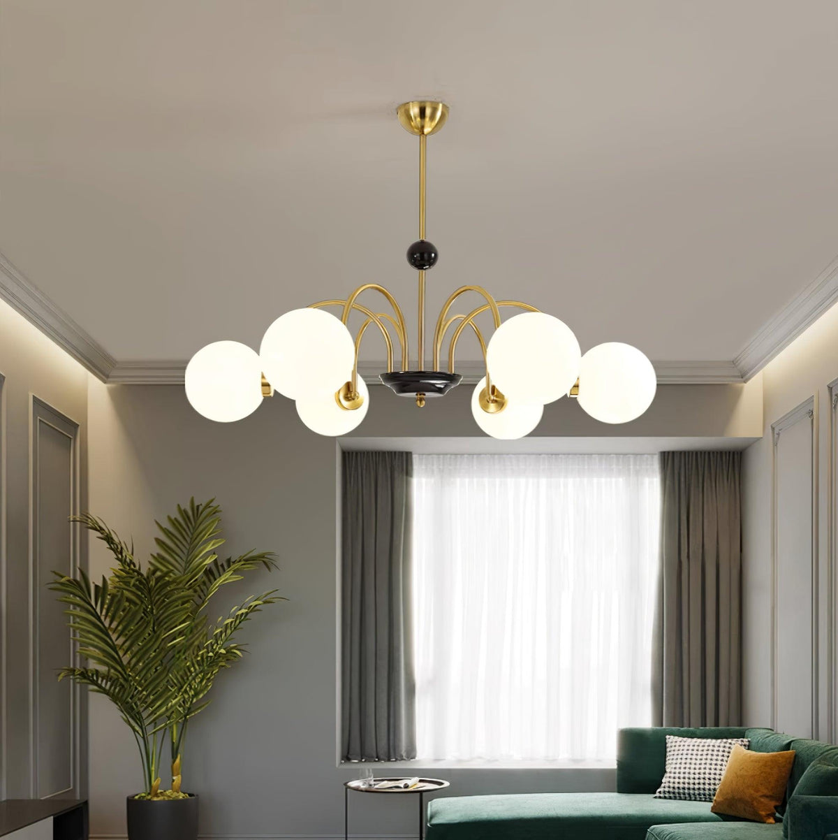 Chandelier Curved Arms Globe Shades Modern Retro Style Dining-Neutral Decor
