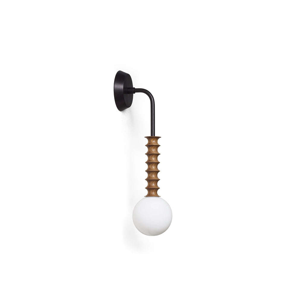 Front view of the Mobo Wall Lamp in gold and wood finish.