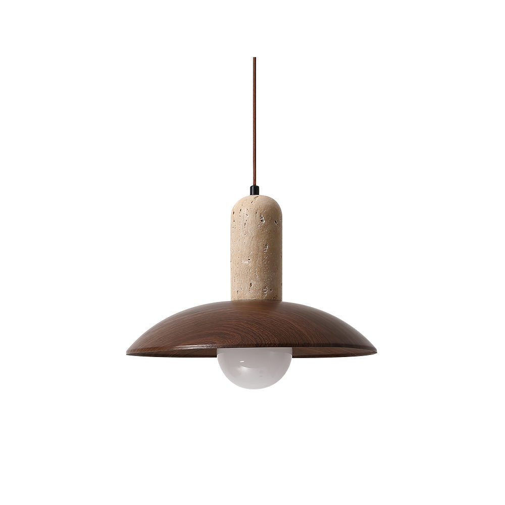 Molly Pendant Lamp with a travertine top and dark wood dome shade.
