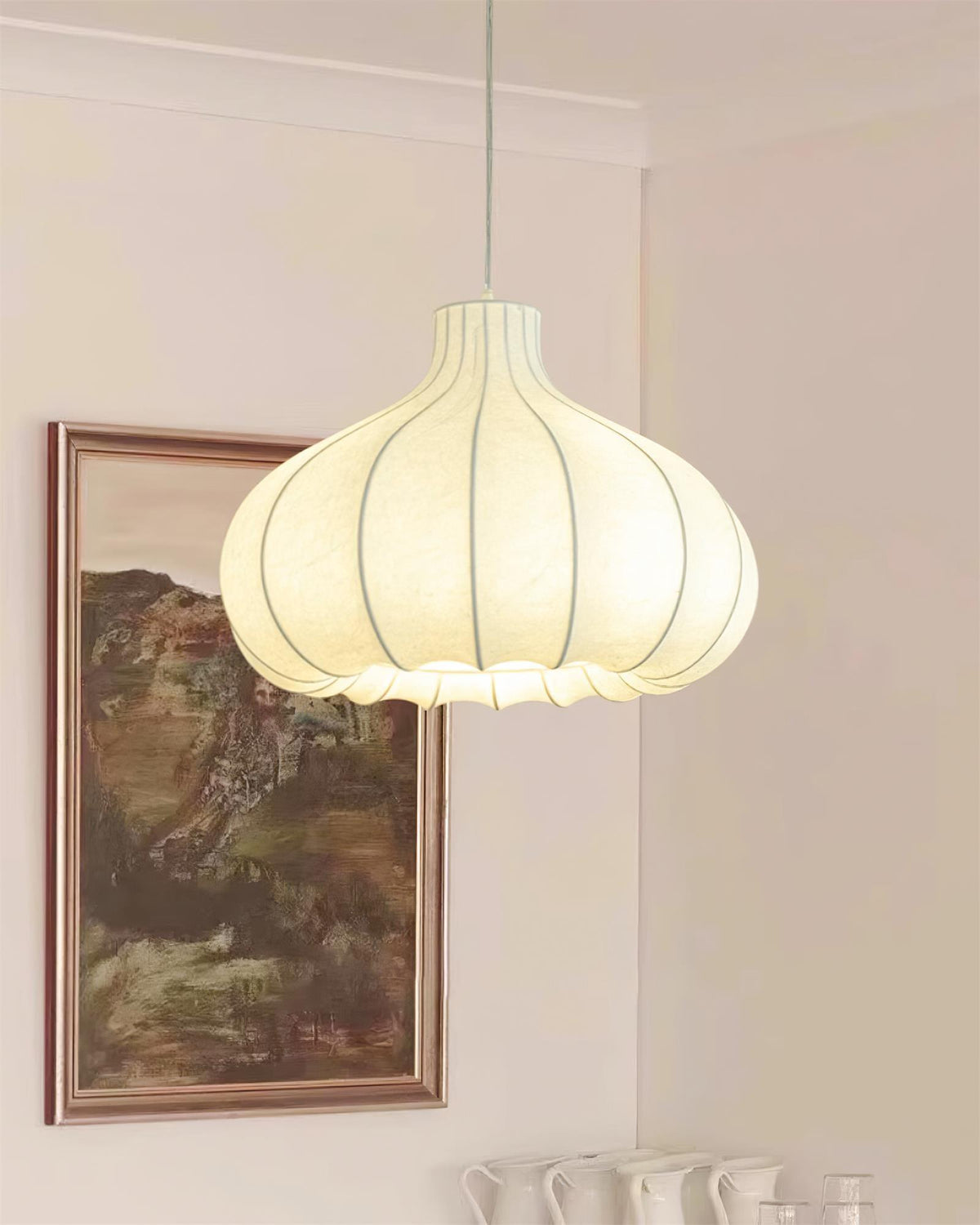 Pendant Light Silky Pleated Silk Shade White-Neutral Decor