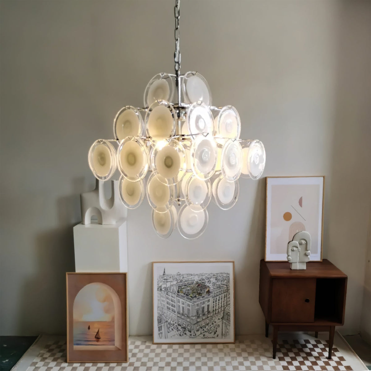 Orenielle Lustre Blanc Murano Verre Disques Grappe