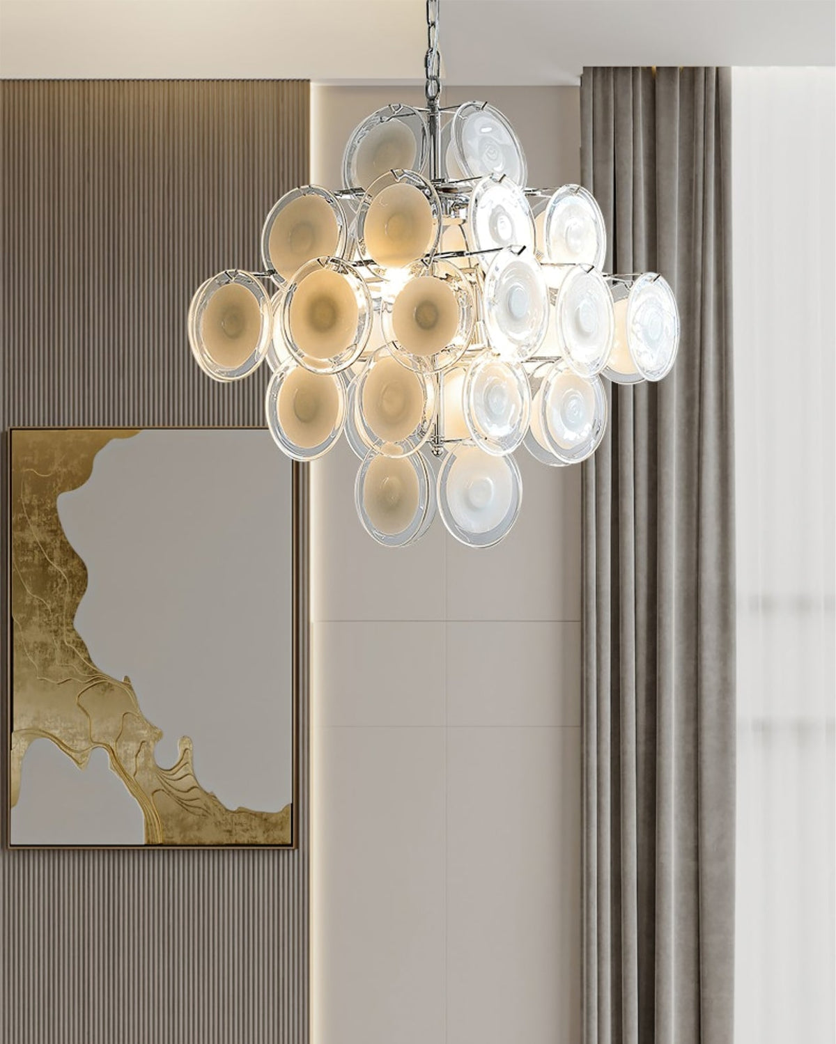 Orenielle Lustre Blanc Murano Verre Disques Grappe