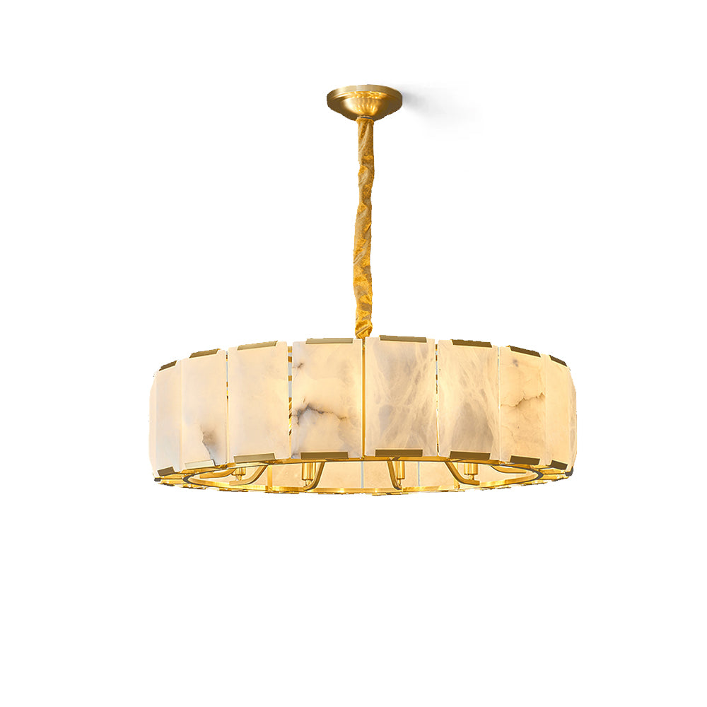 Nashima Alabaster Chandelier with a brass frame against a dark background.