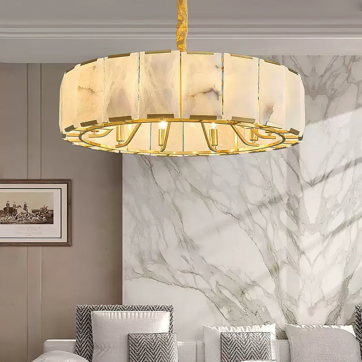 The Nashima Alabaster Chandelier illuminating a modern living room.