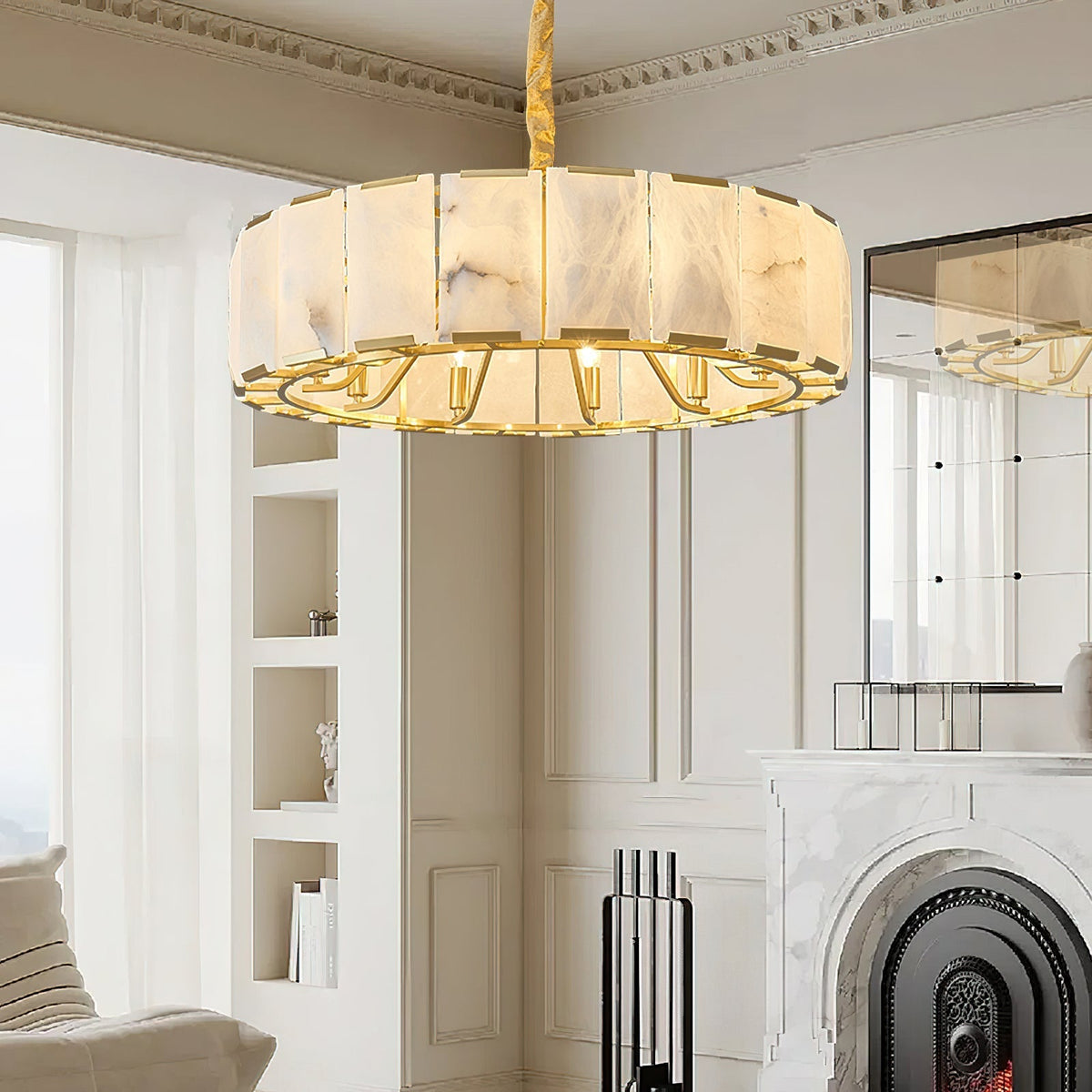 Close-up of the natural alabaster shades on the Nashima Chandelier.
