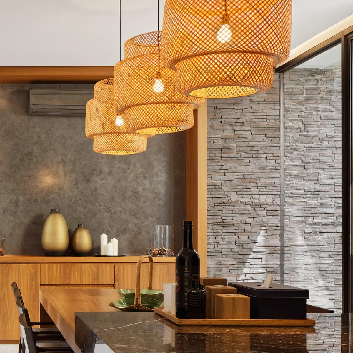 Pendant Lamp Double Layer Woven Bamboo Shade Organic Natural-Neutral Decor