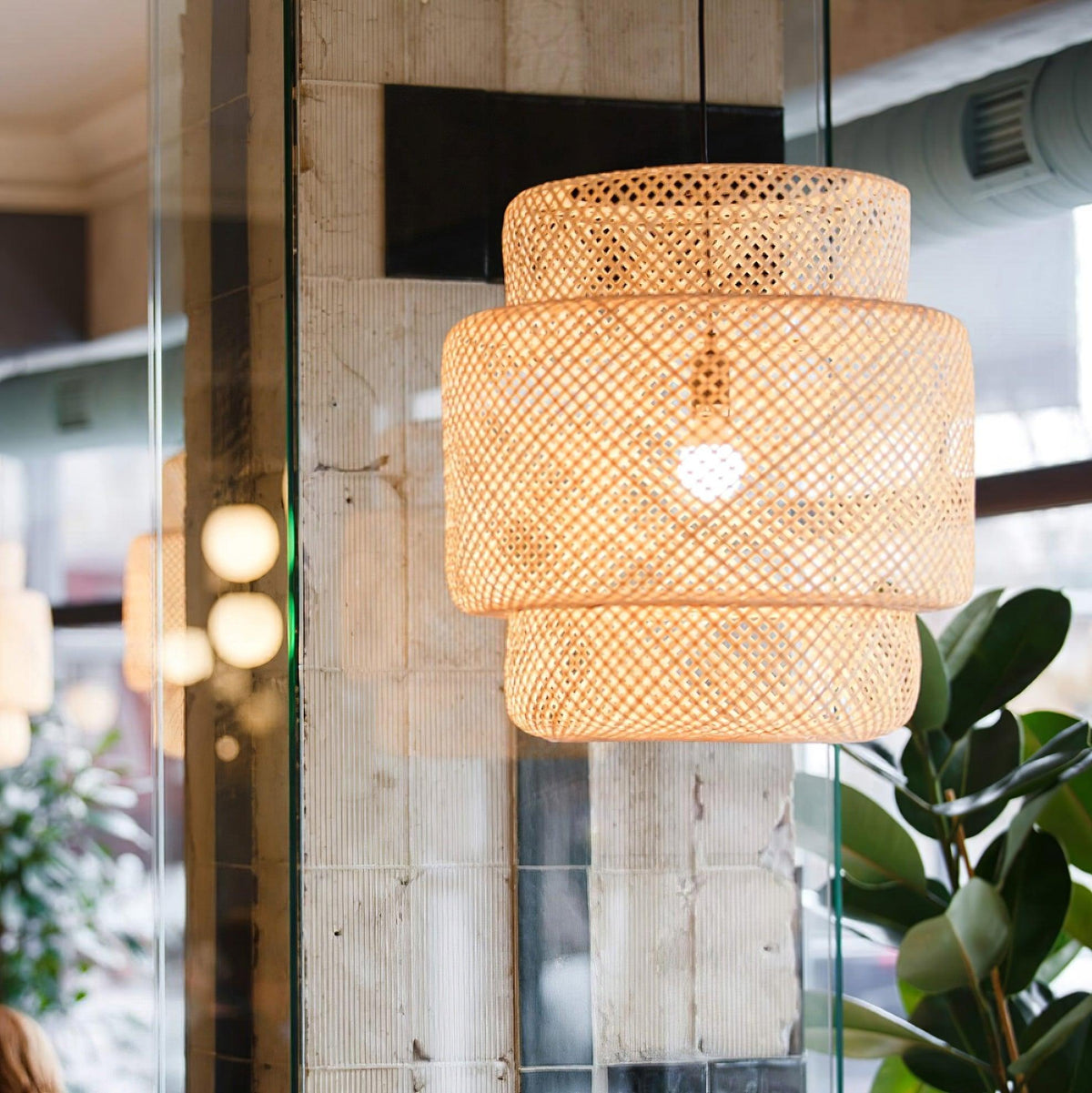 Pendant Lamp Double Layer Woven Bamboo Shade Organic Natural-Neutral Decor