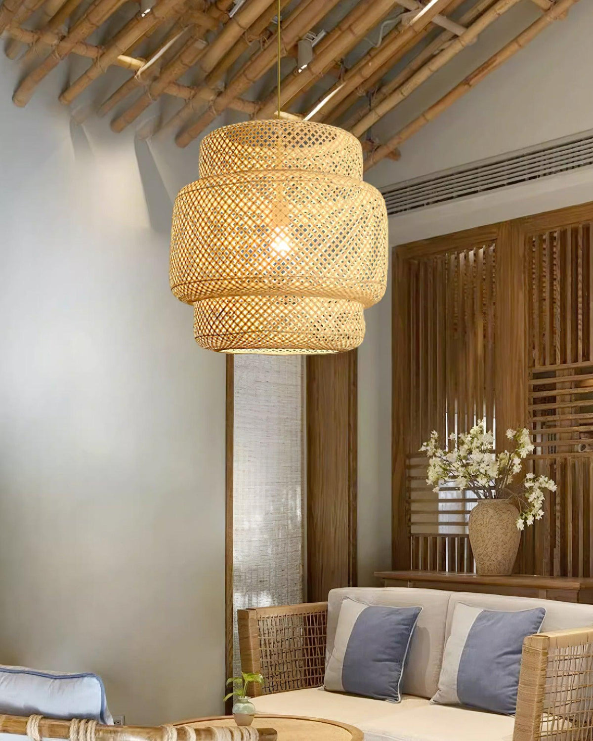Pendant Lamp Double Layer Woven Bamboo Shade Organic Natural-Neutral Decor