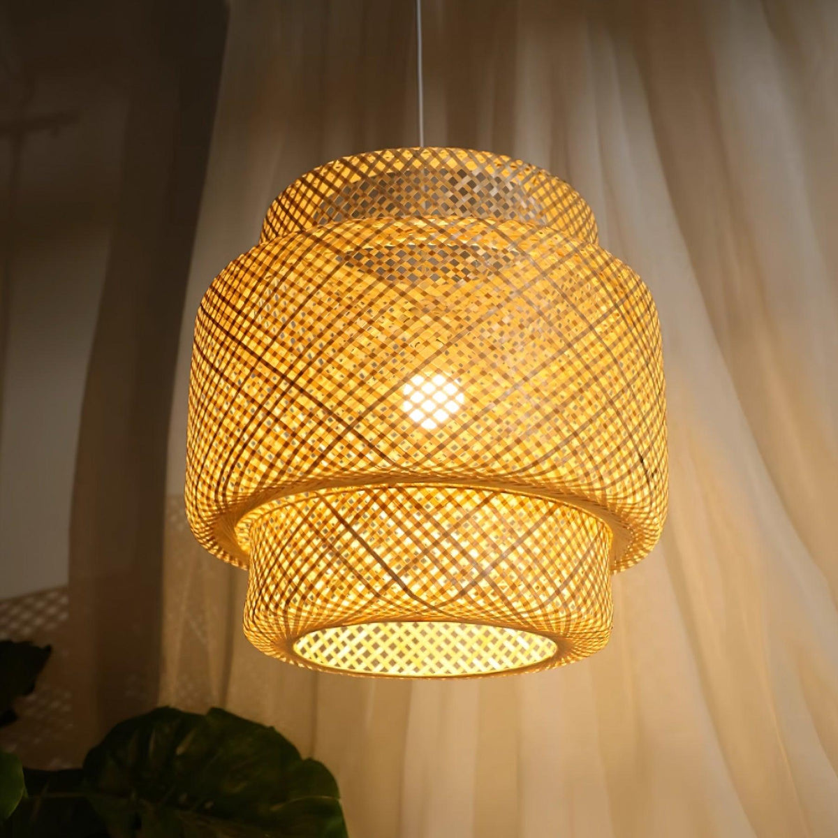 Pendant Lamp Double Layer Woven Bamboo Shade Organic Natural-Neutral Decor