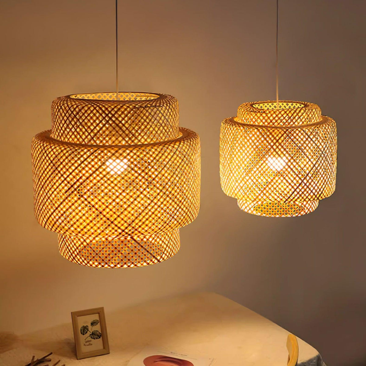 Pendant Lamp Double Layer Woven Bamboo Shade Organic Natural-Neutral Decor