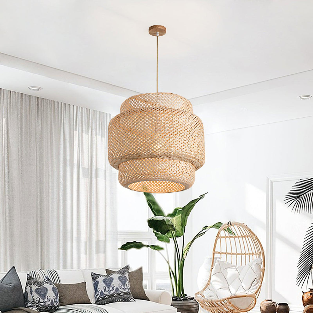 Pendant Lamp Double Layer Woven Bamboo Shade Organic Natural-Neutral Decor