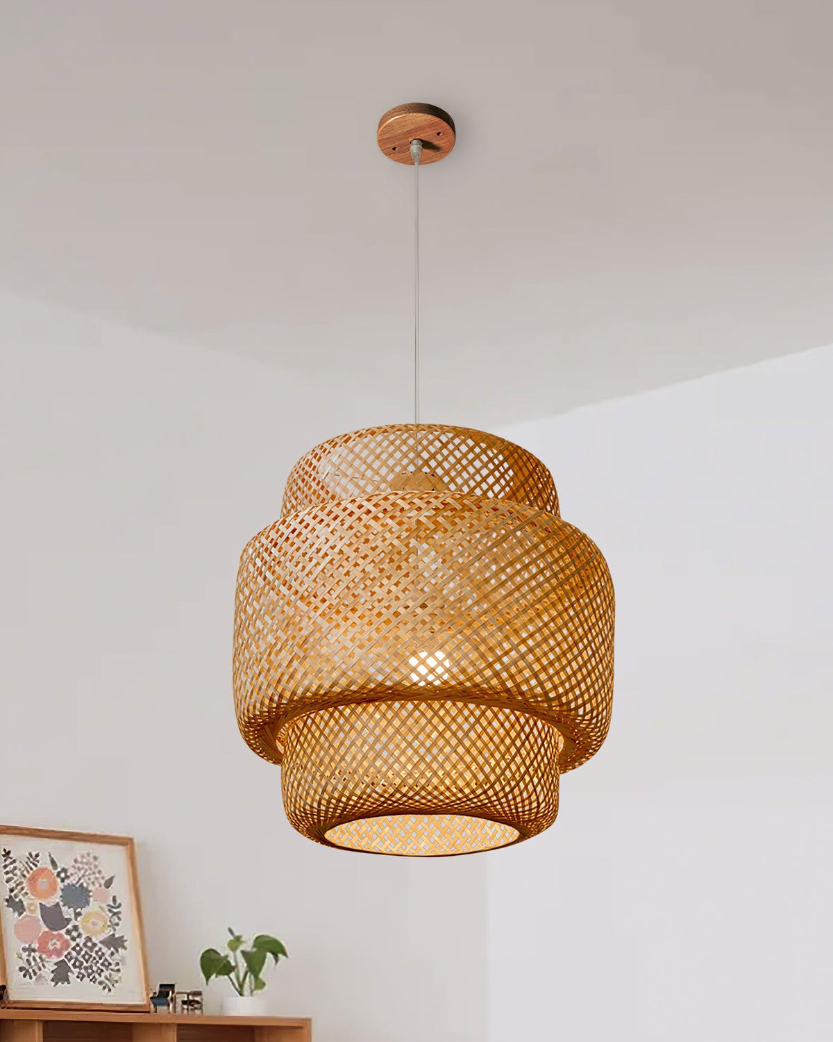 Pendant Lamp Double Layer Woven Bamboo Shade Organic Natural-Neutral Decor