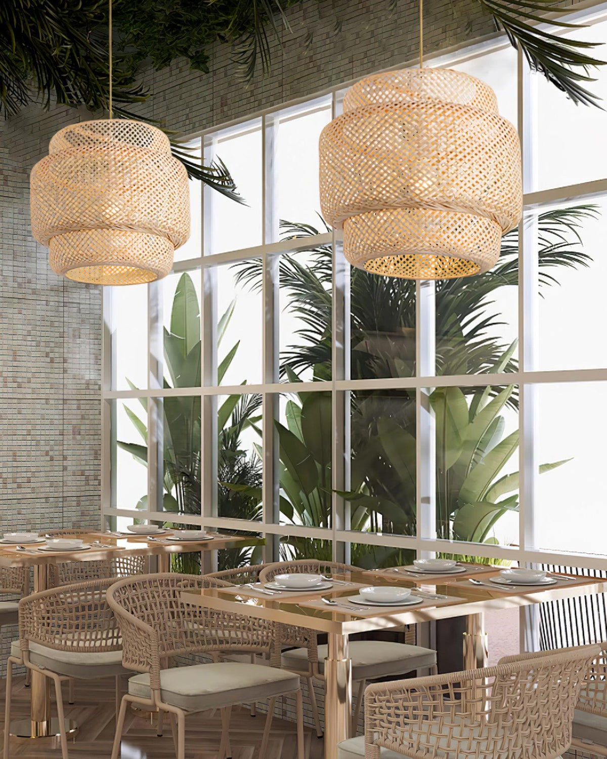 Pendant Lamp Double Layer Woven Bamboo Shade Organic Natural-Neutral Decor