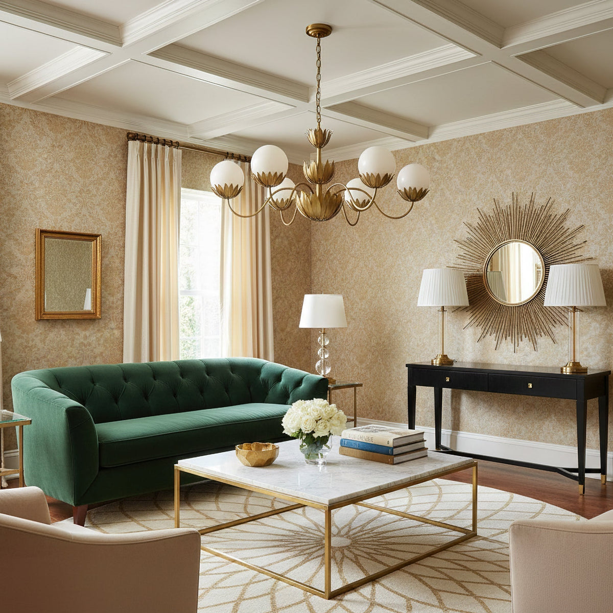 Detail shot of the curved brass arm of the Noemie Chandelier.