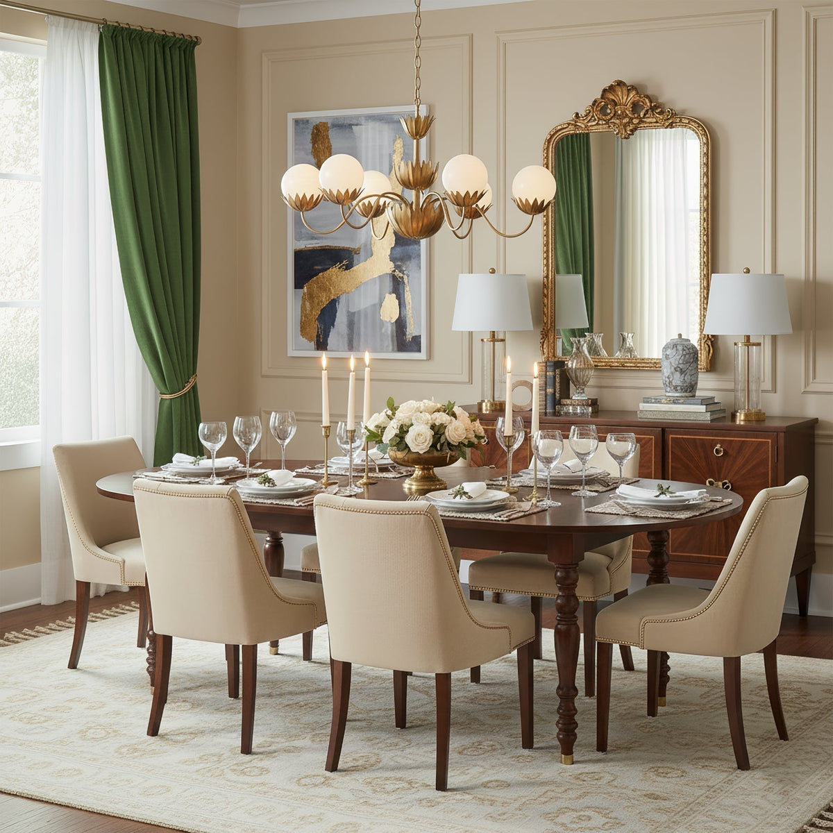 Close-up view of the Noemie Chandelier's glass globe and brass petal detail.