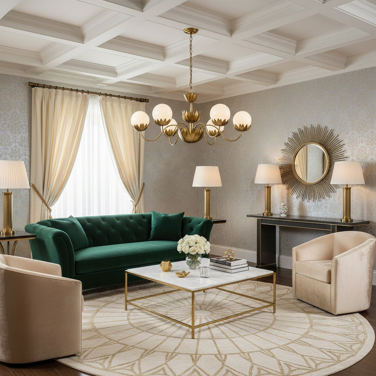 The Noemie Chandelier illuminated, casting a warm and inviting glow.