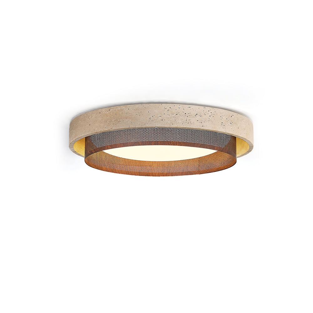 Front view of the Nolan travertine ceiling light, illuminated.