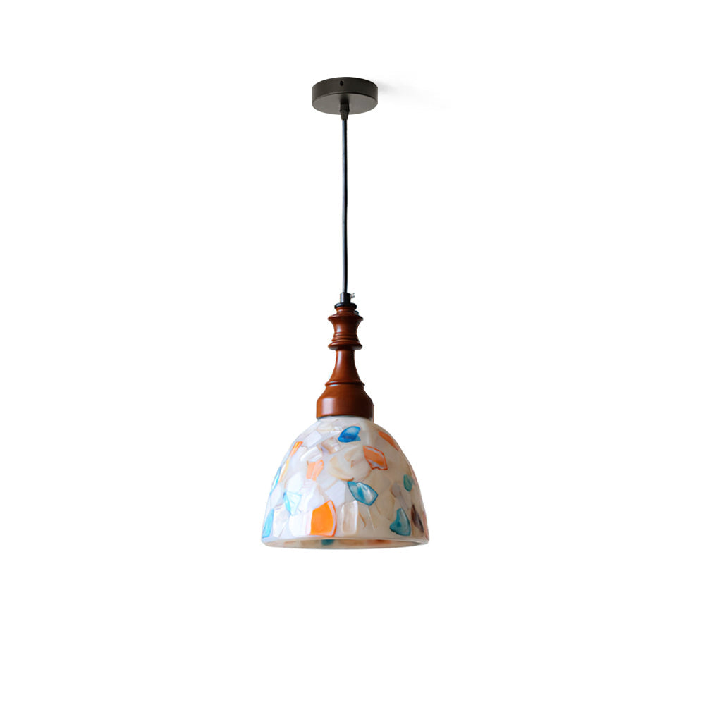 Nonna Pendant Light with white and walnut finish hanging in a room.