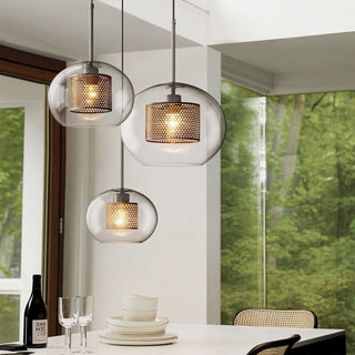 Vorinor Suspension Globe/Cylindre Moderne. Métal/Verre. Doré/Argent. Salon-Luire