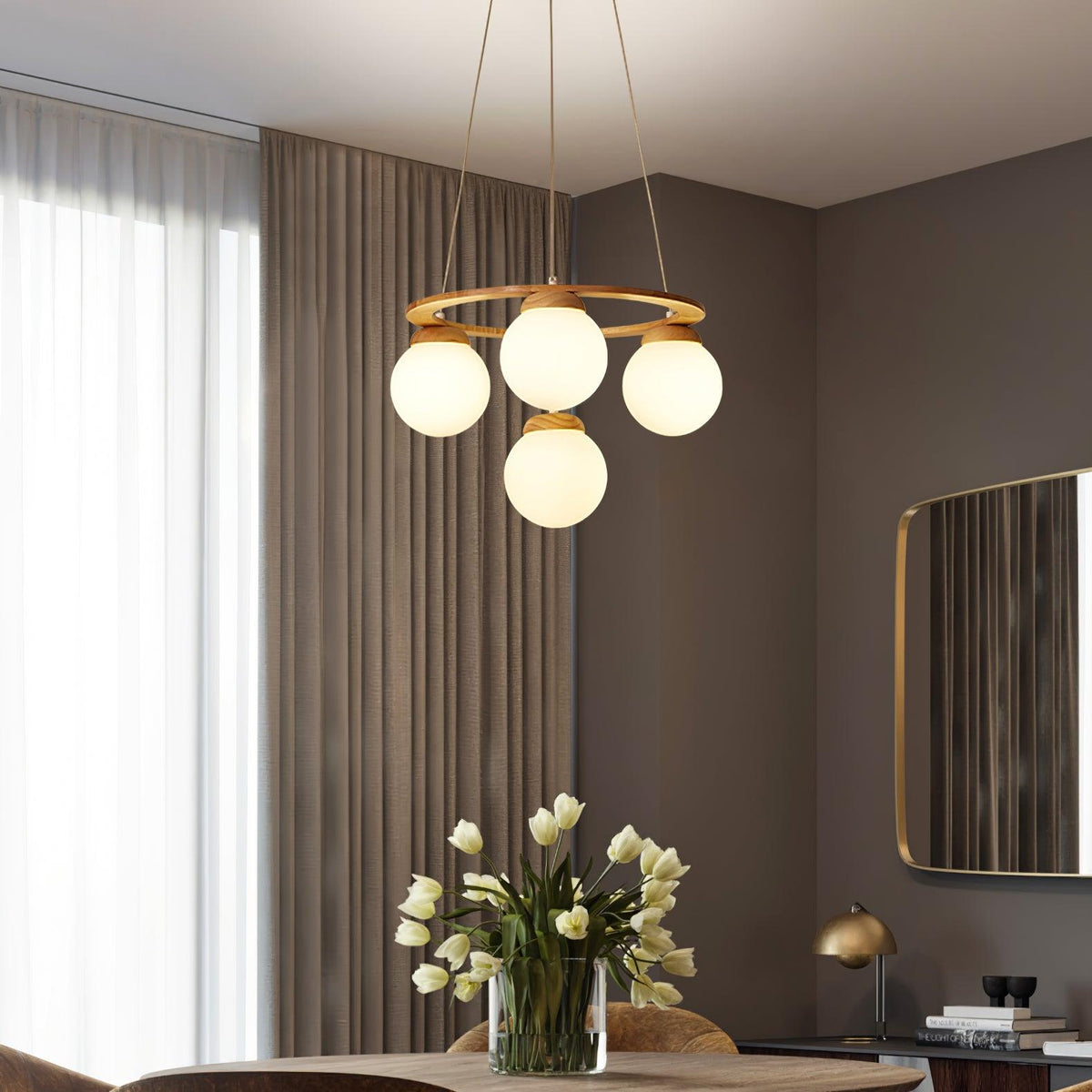 Vivelia Lustre en Bois avec Anneau et Globes