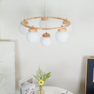 Lustra Lustre en Bois avec Anneau et Globes