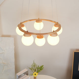 Lustra Lustre en Bois avec Anneau et Globes