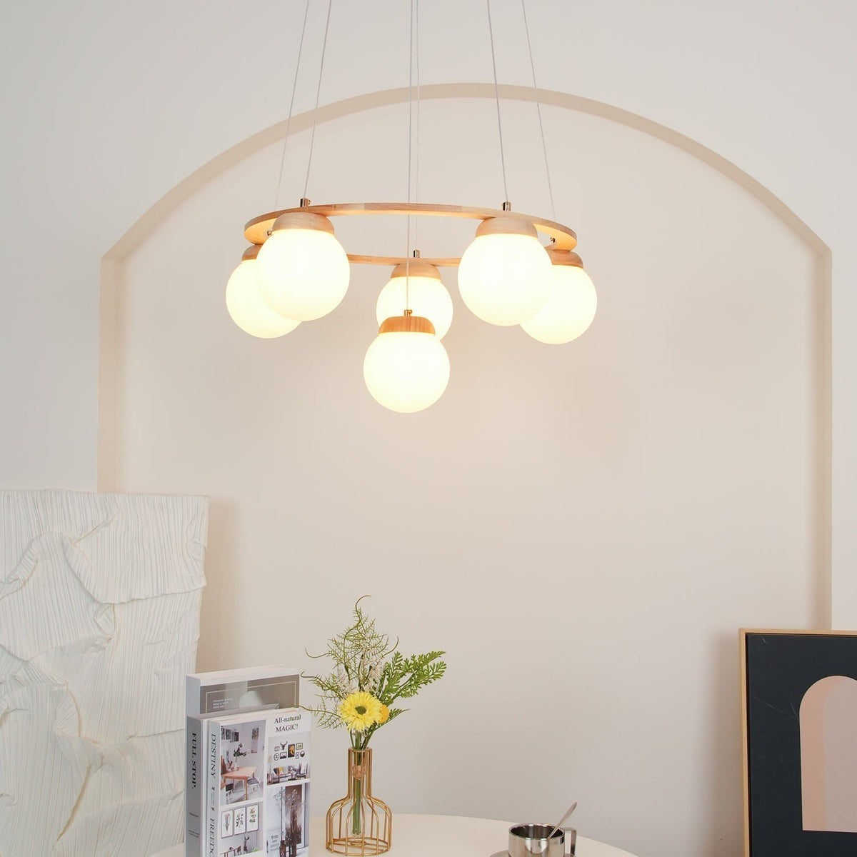 Vivelia Lustre en Bois avec Anneau et Globes