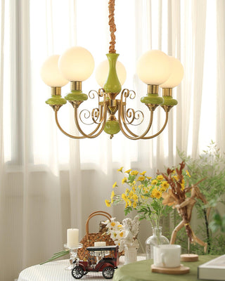 Lustra Lustre Abat-jours Verts Bras Courbés en Or