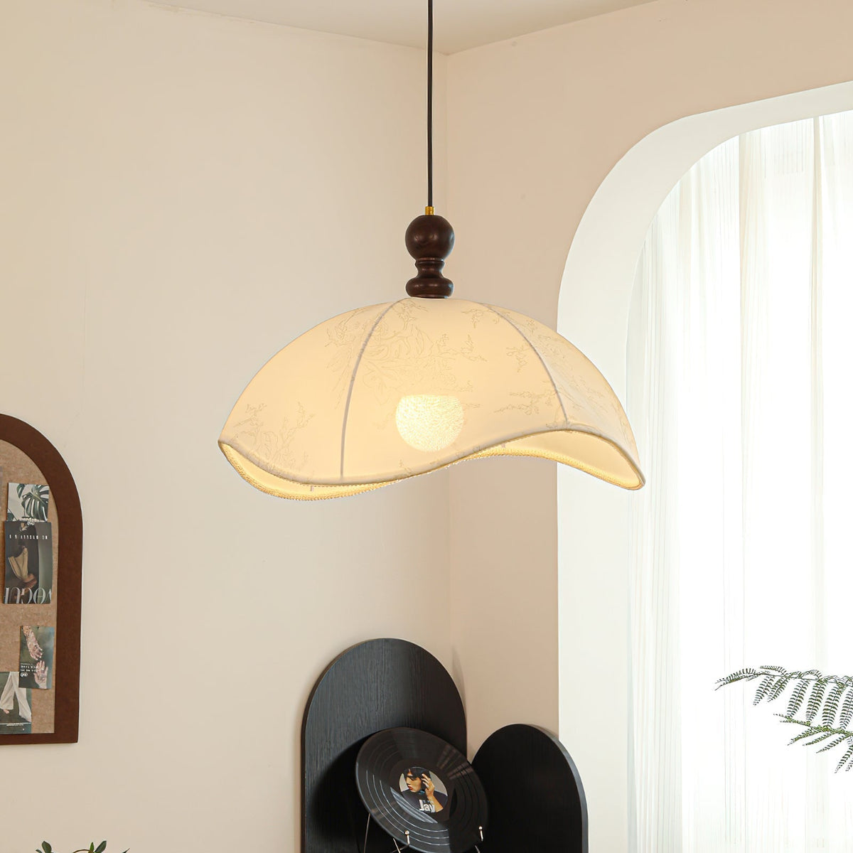 Close-up of the patterned fabric on the Oriente Pendant Light.