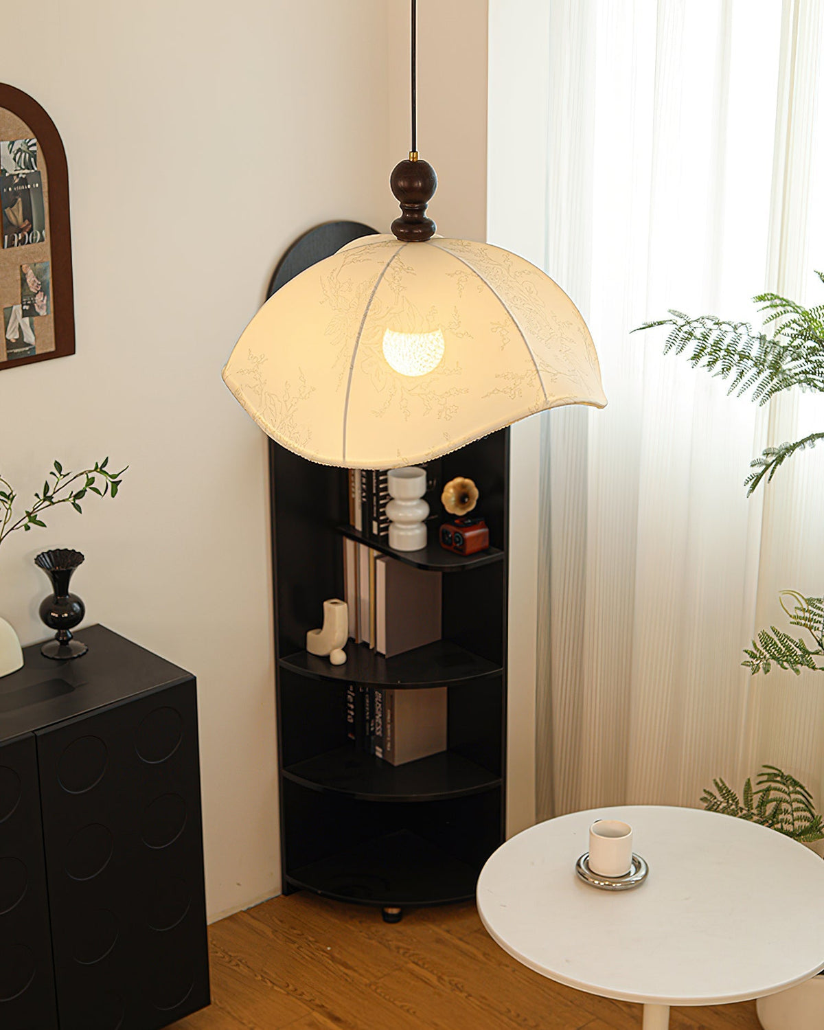 Detail view of the wooden top and metal ceiling mount.
