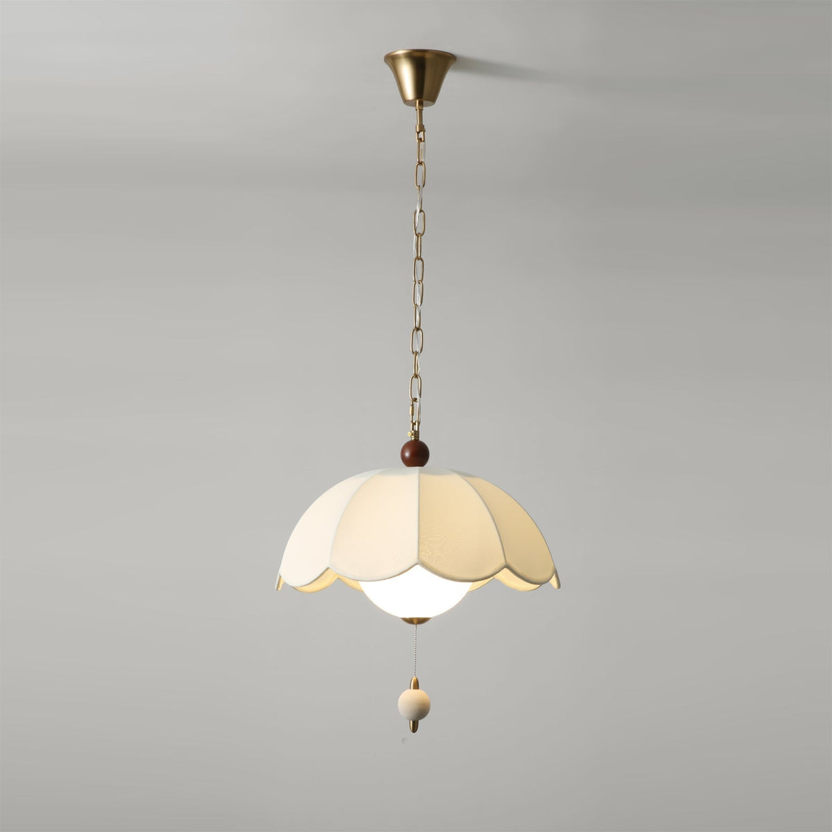 A close-up view of the texture of the white fabric shade.