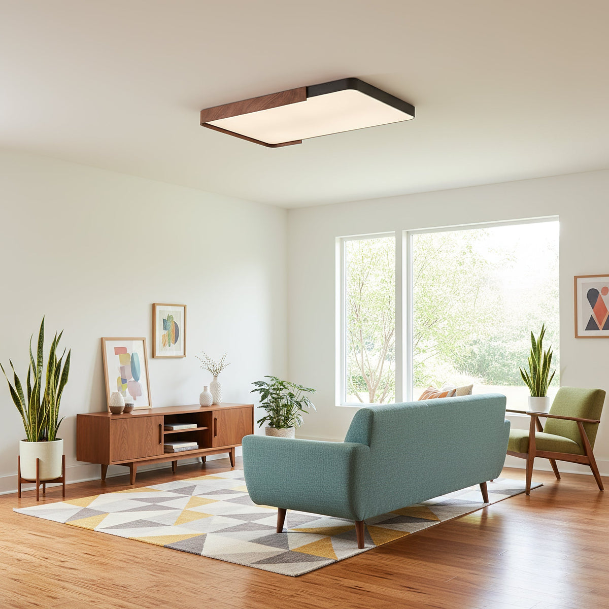 Close-up of the Orren Ceiling Light showing the black and walnut finish.