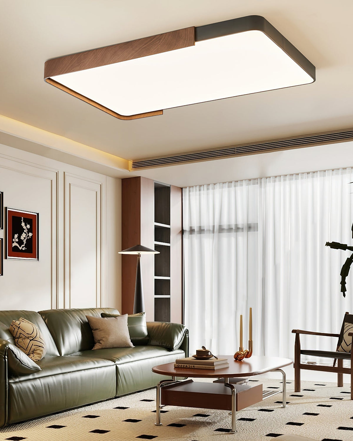 The integrated LED light source of the Orren Ceiling Light, turned on.