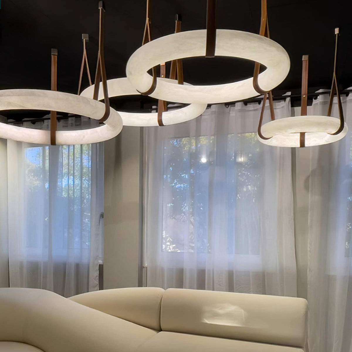 Étoile Pendant Light Chandelier Alabaster Ring Triple Leather-Neutral Decor