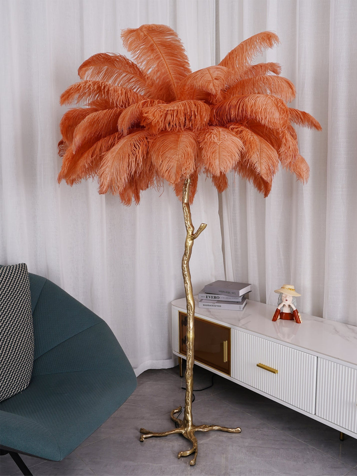 Selis Lampadaire en Laiton avec Plume d'Autruche