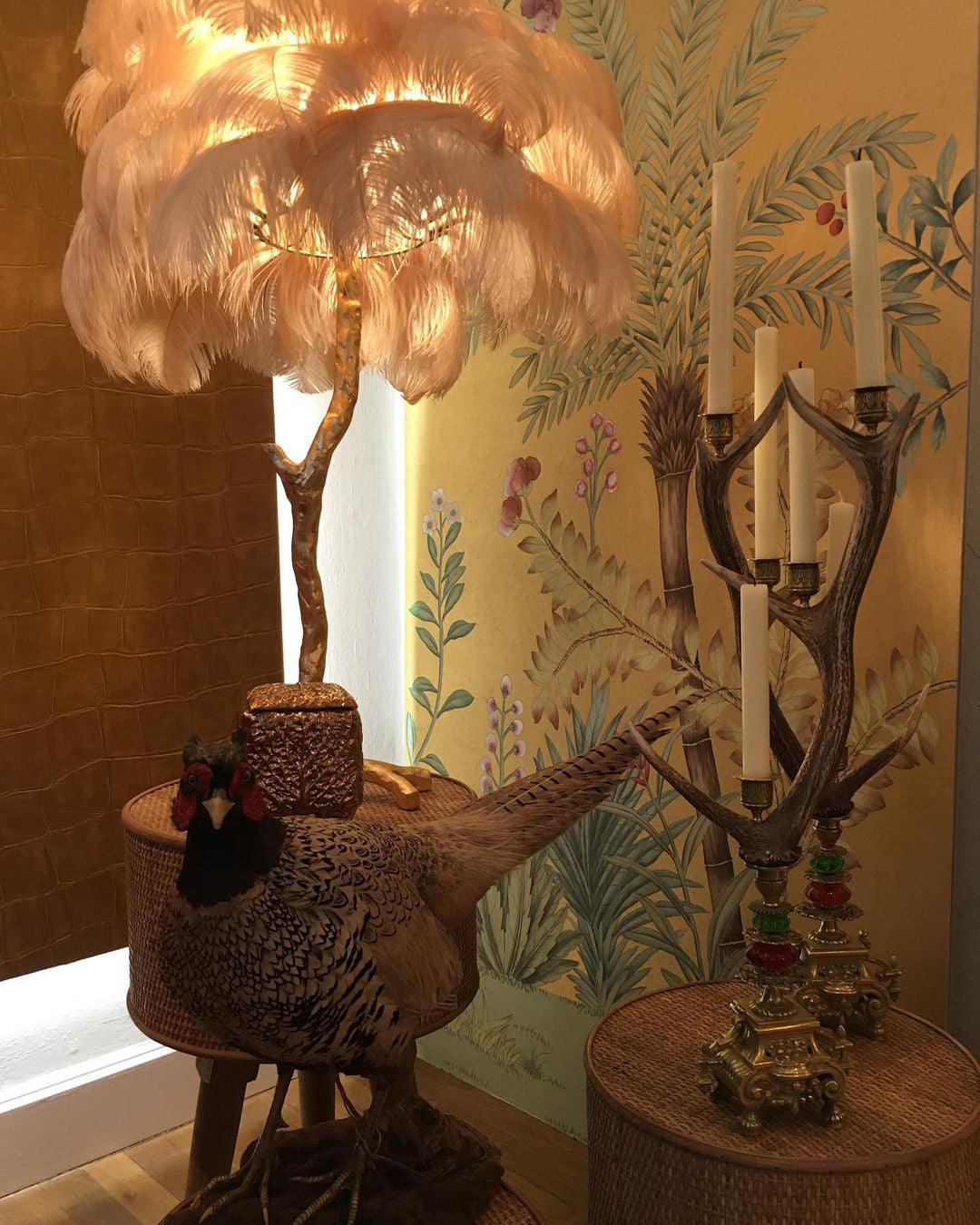 Selis Lampadaire en Laiton avec Plume d'Autruche
