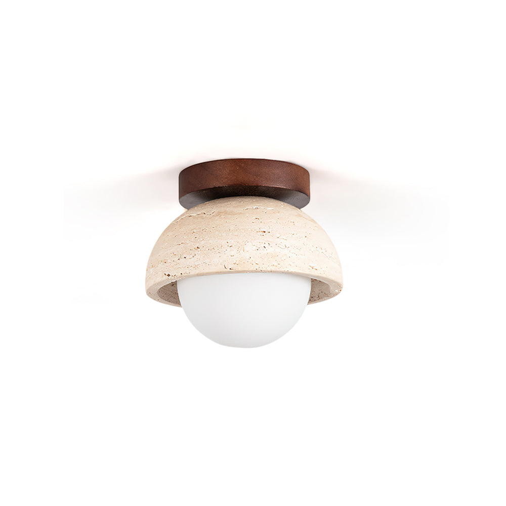 Palermo Ceiling Light with travertine dome and wood base.