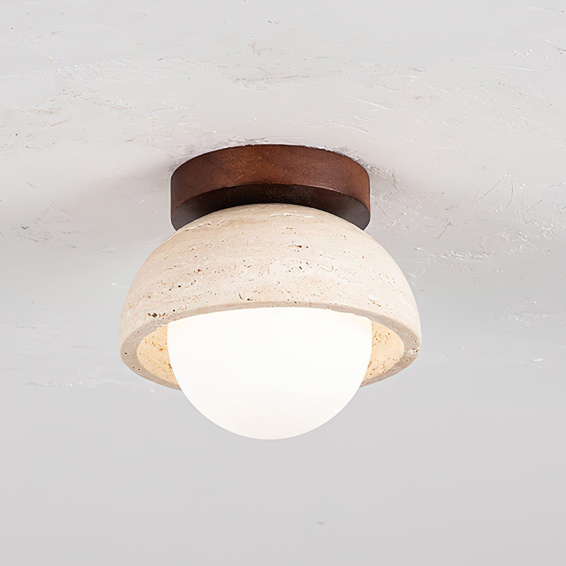 Detail shot of the rich wood base of the Palermo Ceiling Light.