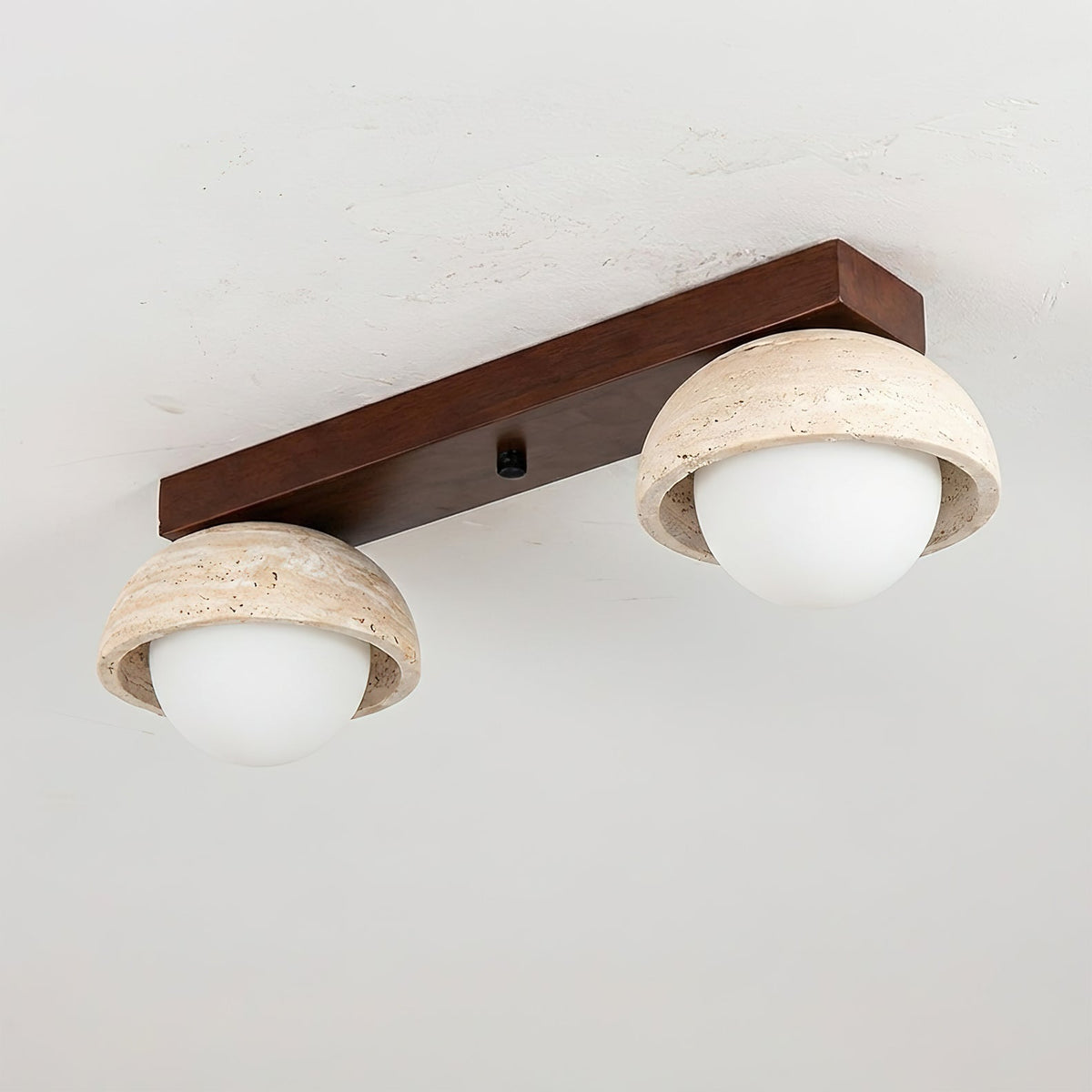 Angled view of the Palermo light, highlighting the walnut wood beam.