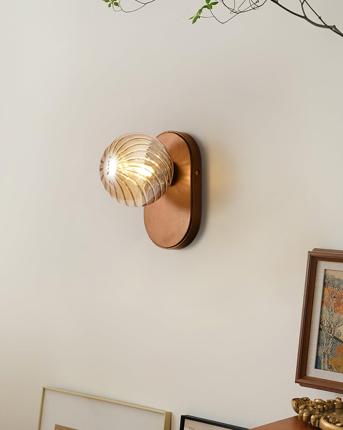 Wall Lamp Wood Body Amber Ribbed Glass Globe Walnut Color Modern Accent-Neutral Decor