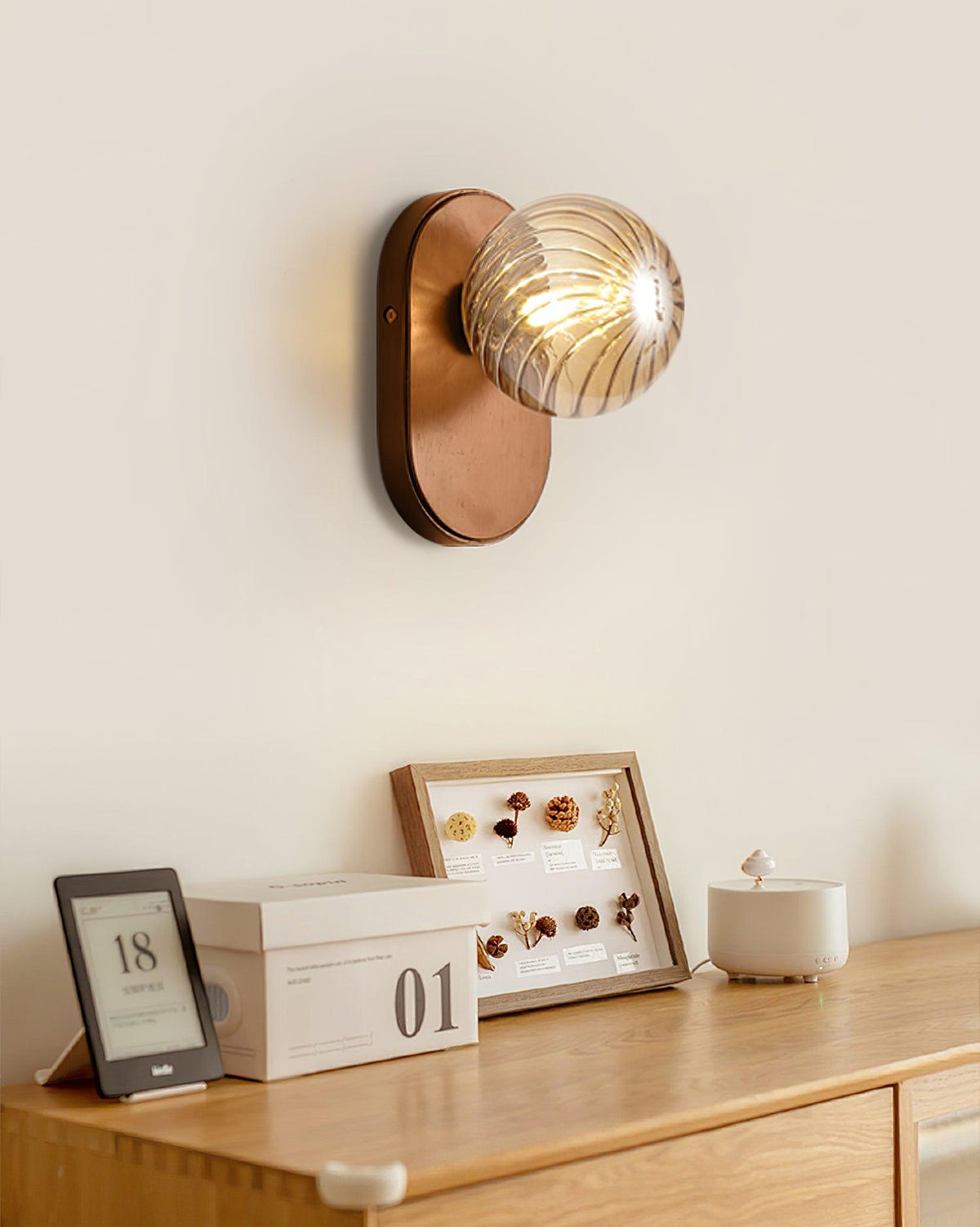 Wall Lamp Wood Body Amber Ribbed Glass Globe Walnut Color Modern Accent-Neutral Decor