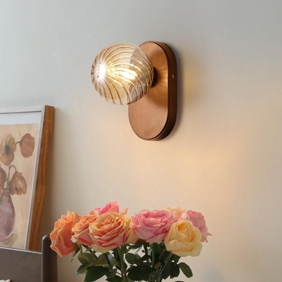 Wall Lamp Wood Body Amber Ribbed Glass Globe Walnut Color Modern Accent-Neutral Decor