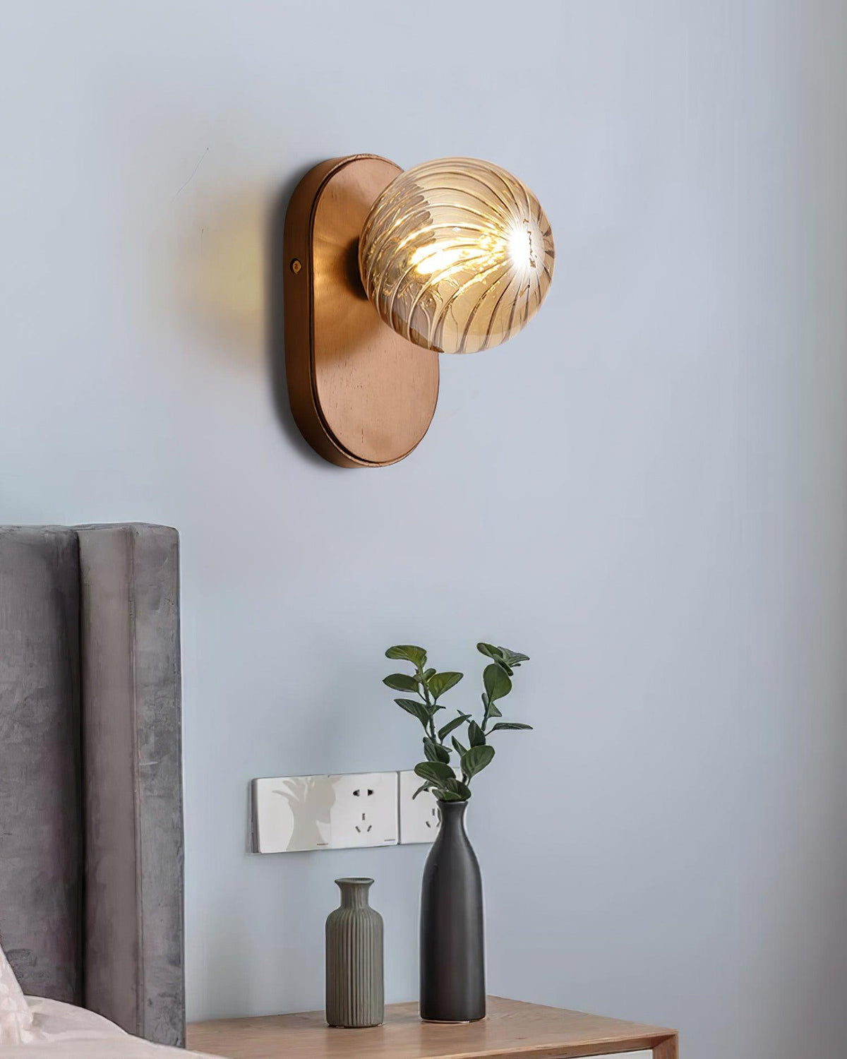 Wall Lamp Wood Body Amber Ribbed Glass Globe Walnut Color Modern Accent-Neutral Decor