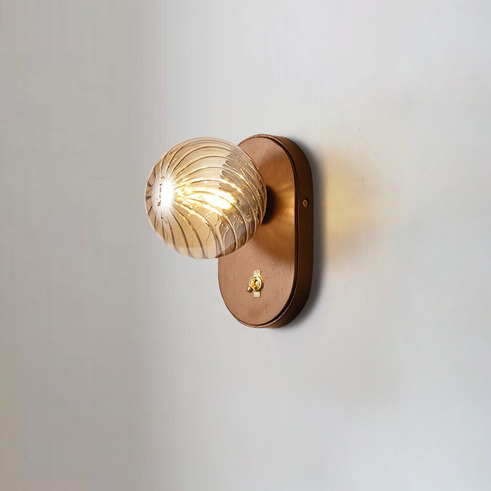 Wall Lamp Wood Body Amber Ribbed Glass Globe Walnut Color Modern Accent-Neutral Decor