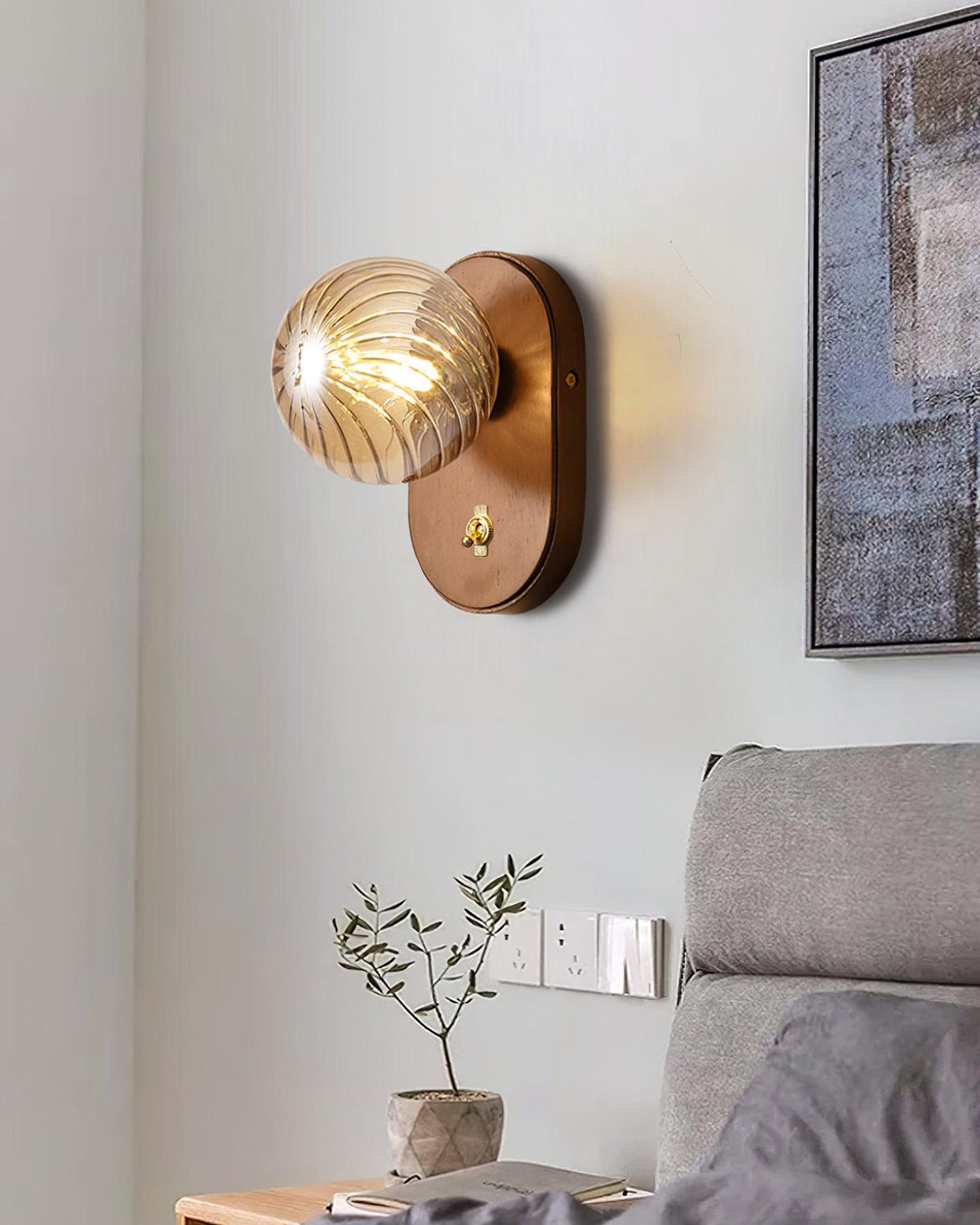Wall Lamp Wood Body Amber Ribbed Glass Globe Walnut Color Modern Accent-Neutral Decor