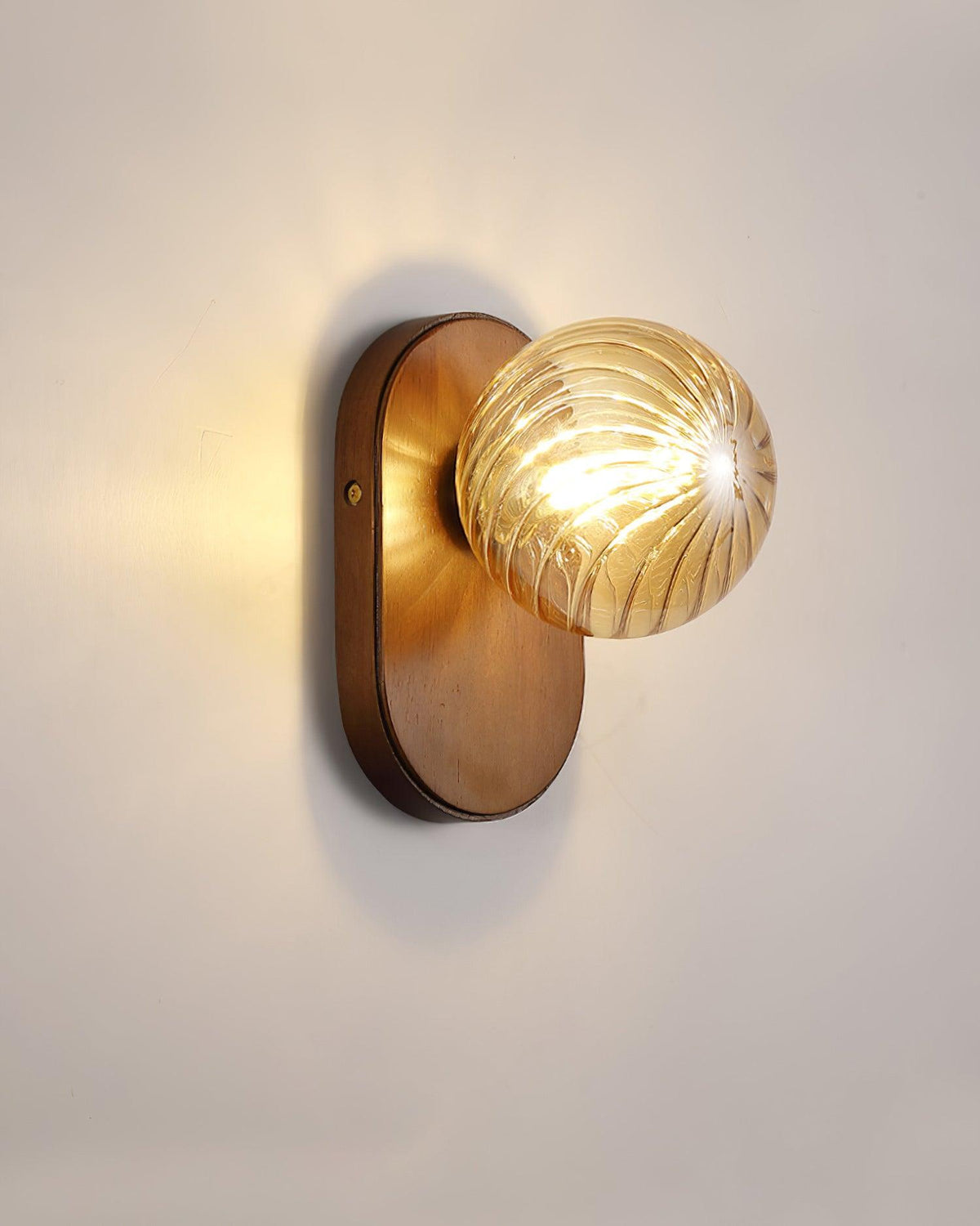 Wall Lamp Wood Body Amber Ribbed Glass Globe Walnut Color Modern Accent-Neutral Decor