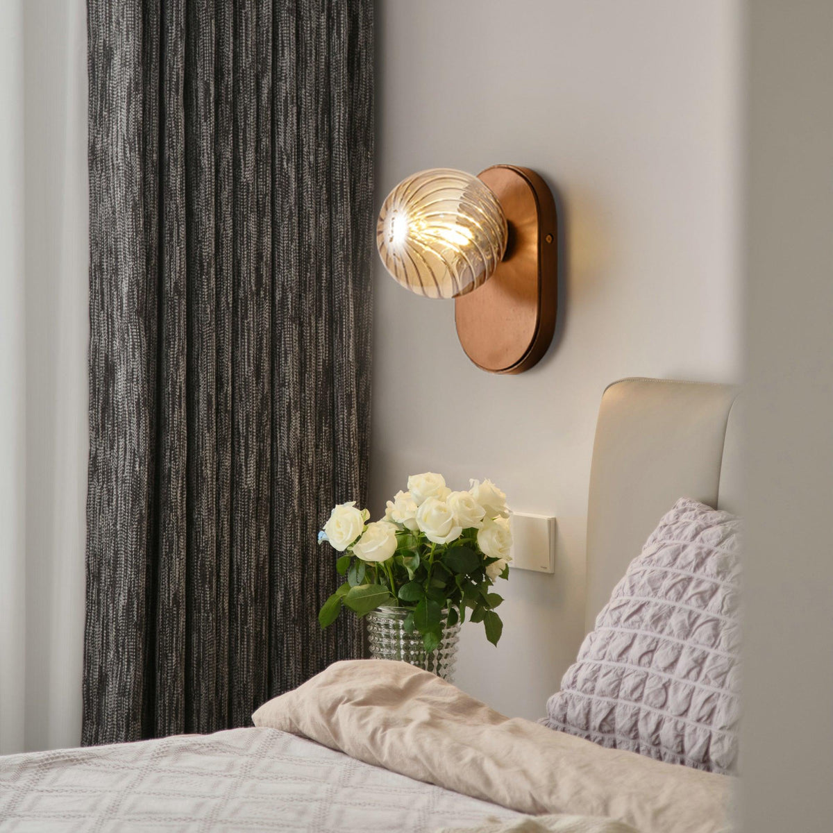 Wall Lamp Wood Body Amber Ribbed Glass Globe Walnut Color Modern Accent-Neutral Decor