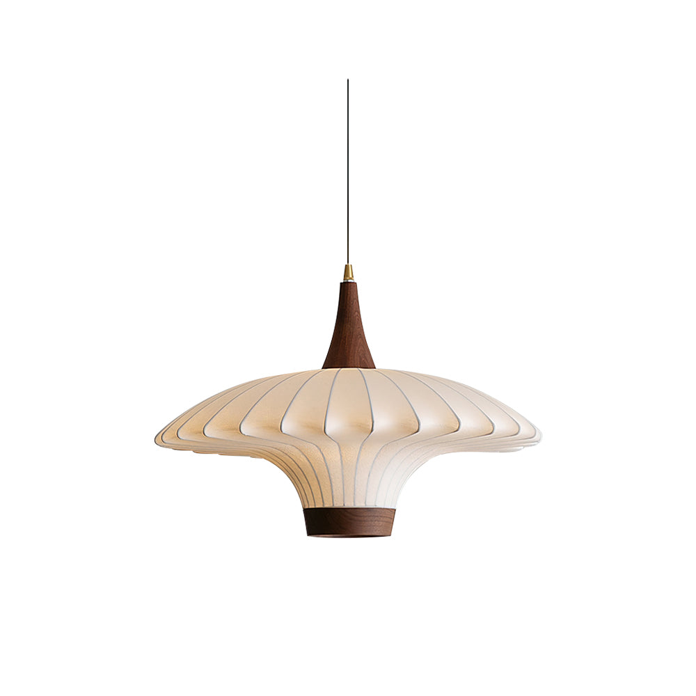 Parasol Pendant Light with white pleated fabric shade and walnut base.