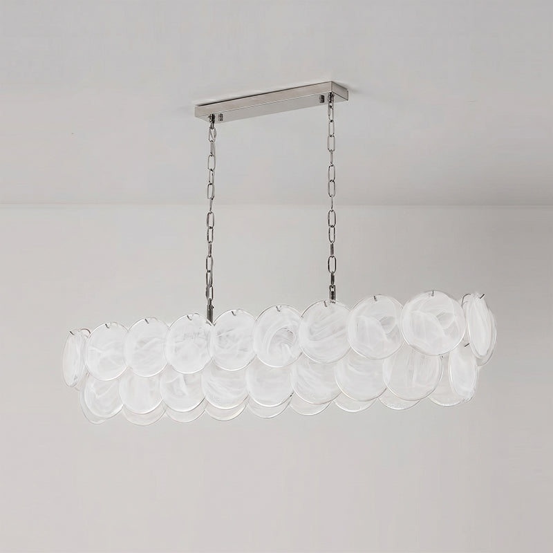 The Pavone Linear Chandelier shown unlit to emphasize the glass artistry.